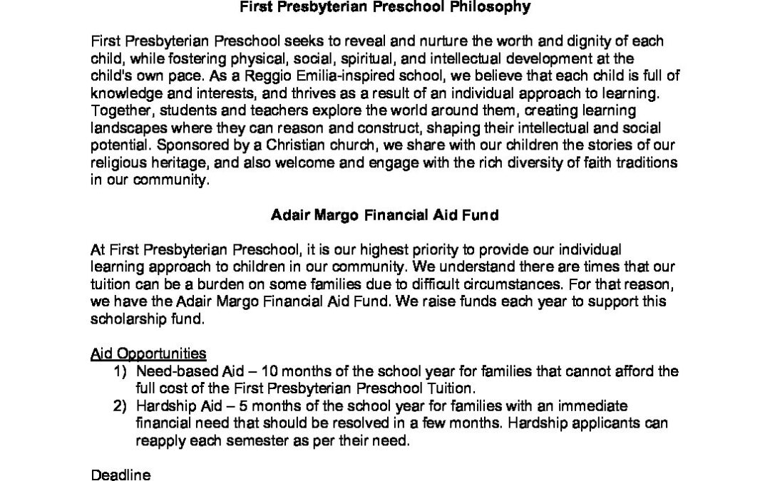Financial Aid Application Info Sheet First Presbyterian Preschool